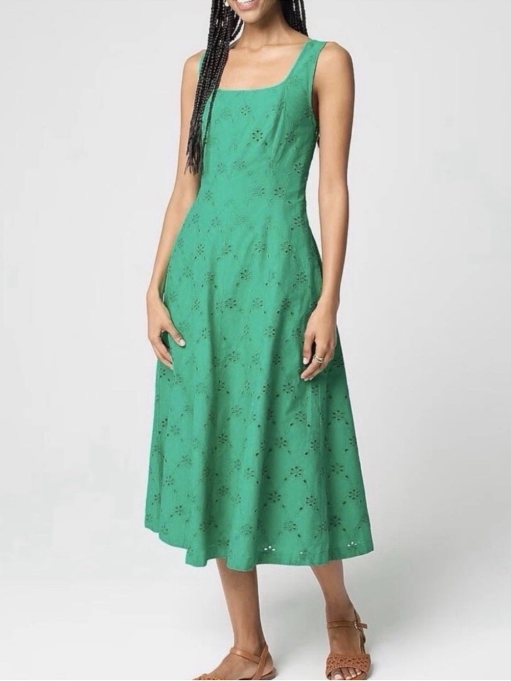 J. Crew Green Eyelet Midi Dress with Square Neck